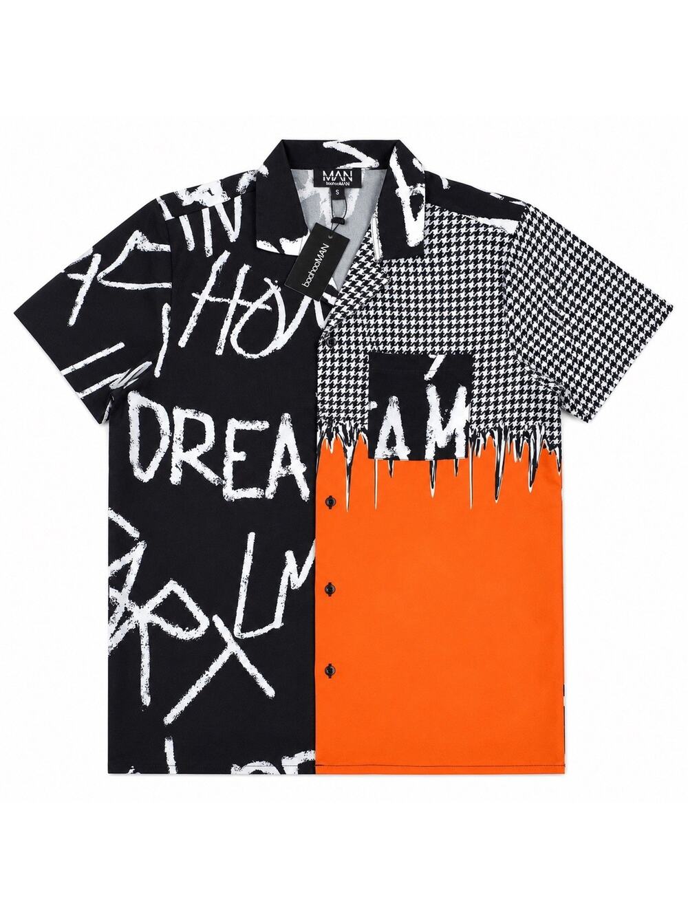 boohooMAN Button Up Shirt Mens S Black Orange Graffiti Spliced Houndstooth NWT